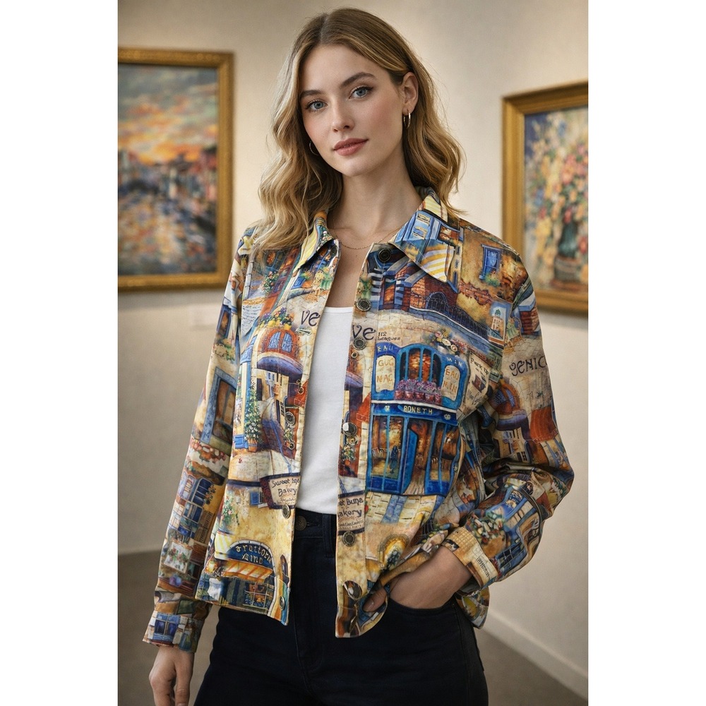 Impulse California Art Jacket Venice Café Boho Travel‎ Print Button Front USA